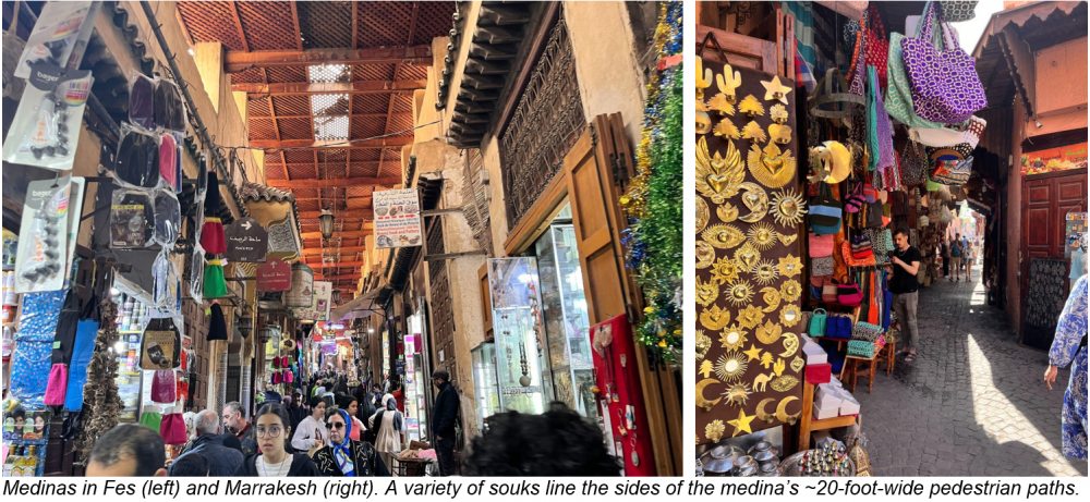 Medinas in Fes left and Marrakesh right. A variety of souks line the sides of the medinas