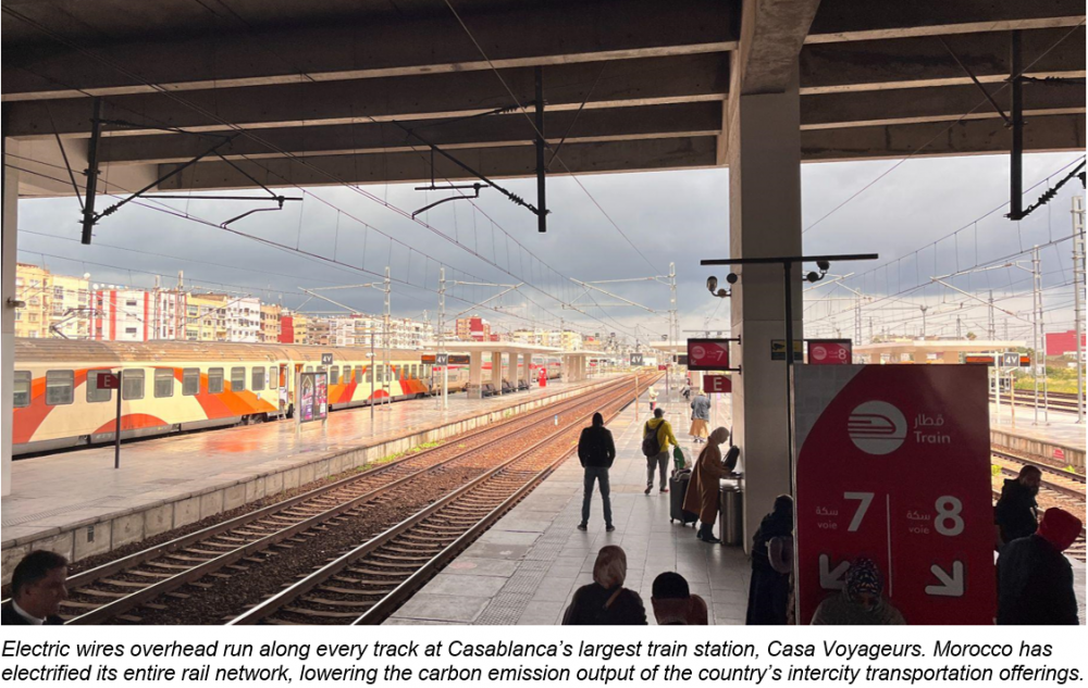 Electric wires overhead run along every track at Casablancas largest train station Casa Voyageurs.