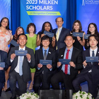 2023 Scholars with Mike Milken Lori Milken Dr. Jane Foley and Evelyn Torres